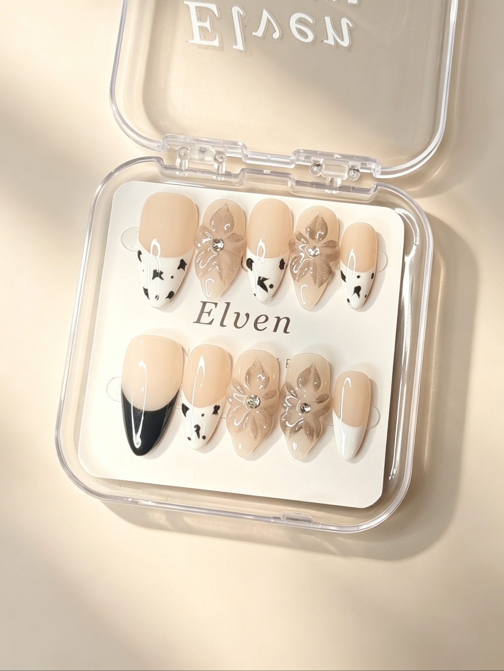 Elven Nude and Black Almond Handmade Press-On Nails